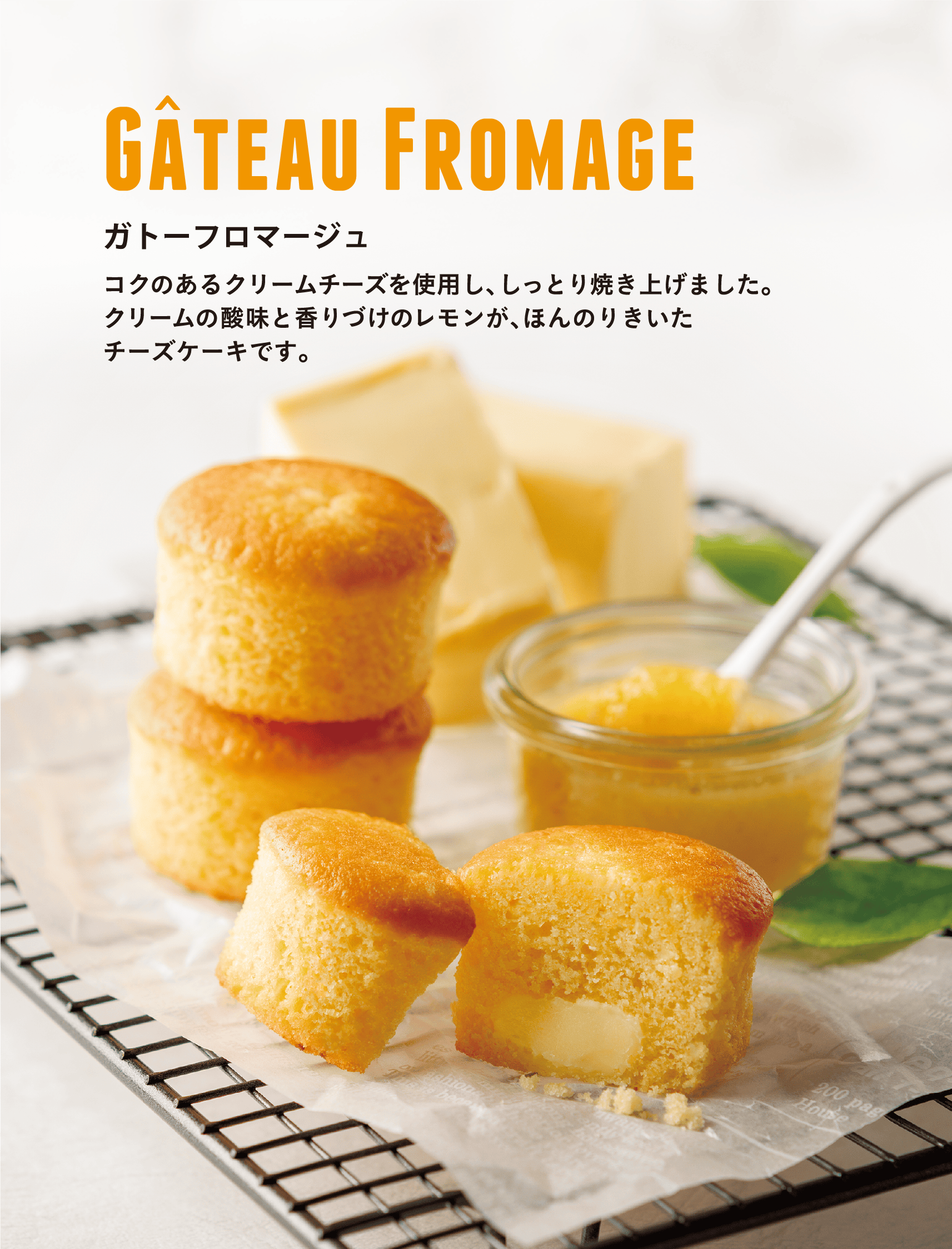 Gateau Fromage ガトーフロマージュ コクのあるクリームチーズを使用し、しっとり焼き上げました。クリームの酸味と香りづけのレモンが、ほんのりきいたチーズケーキです。